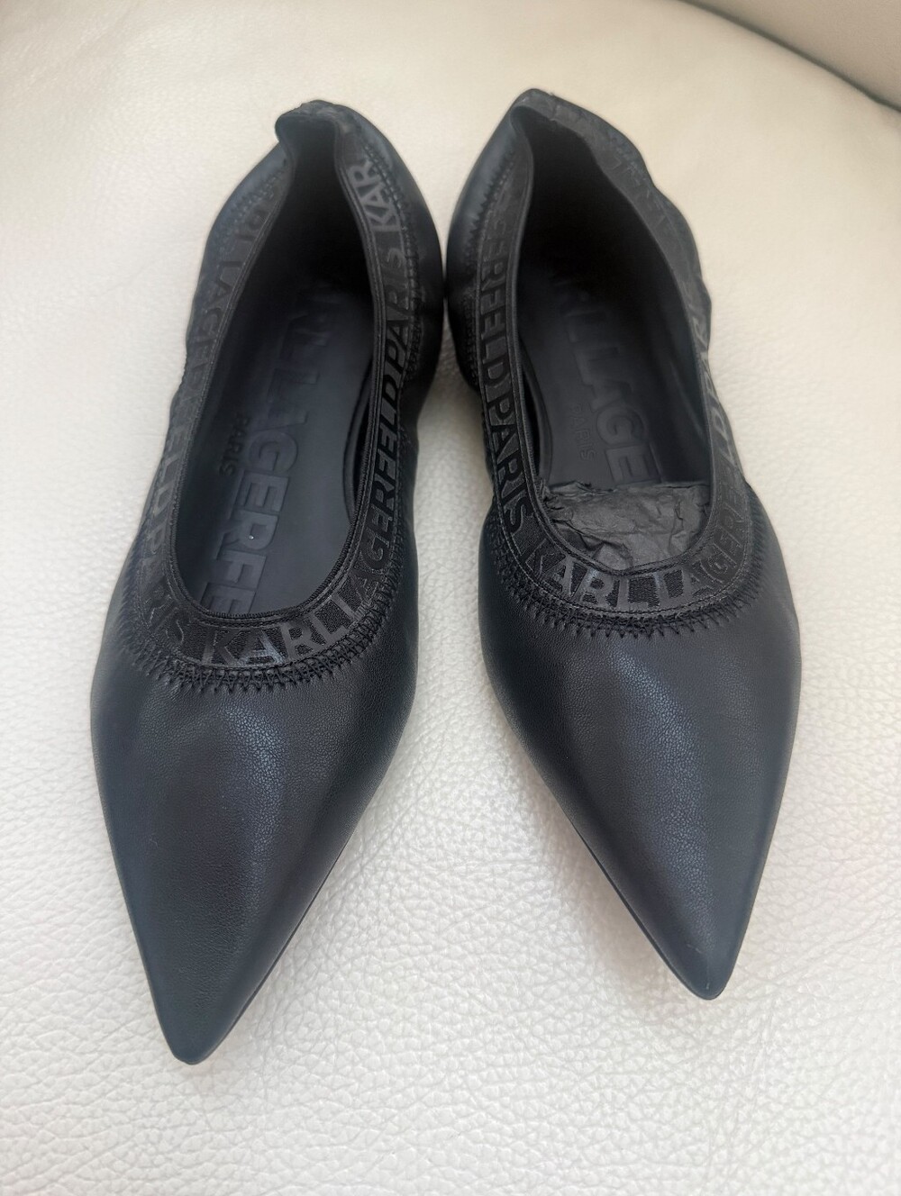 Karl Lagerfeld Black Pointed Leather Ballet Flats
